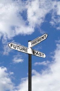 Auf einem Schild steht: Vergangenheit, Gegenwart und Zukunft